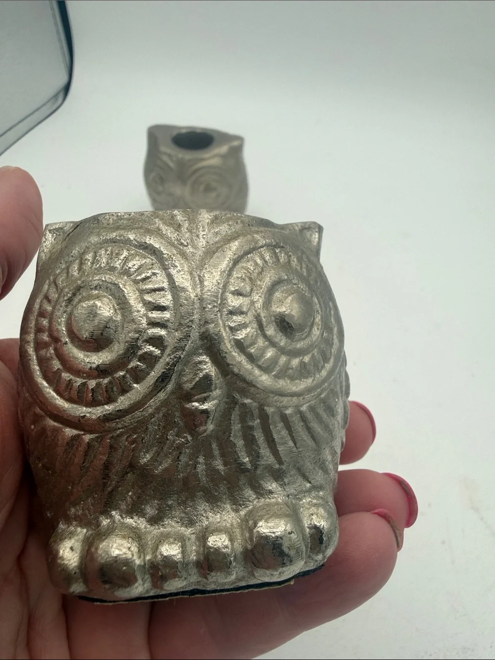 Pair of Hobby Lobby Metallic Silver tone metal  Owl pillar candle Holders